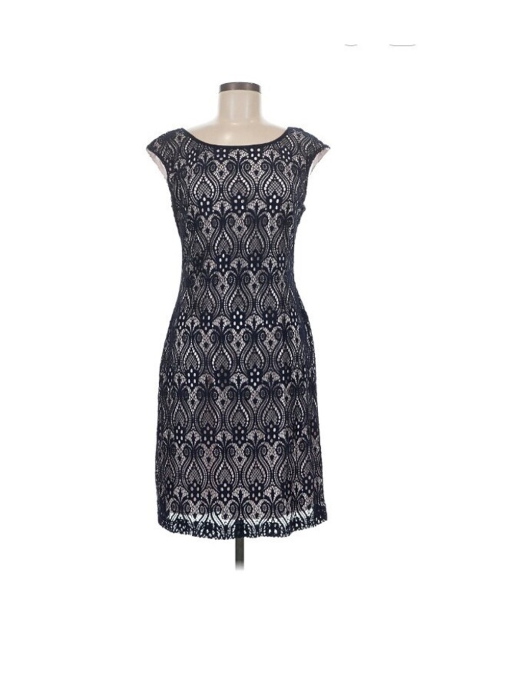 Coldwater Creek Navy Blue Crochet Shift Dress Womens Sz 8 Knee Lined Cap Sleeve
